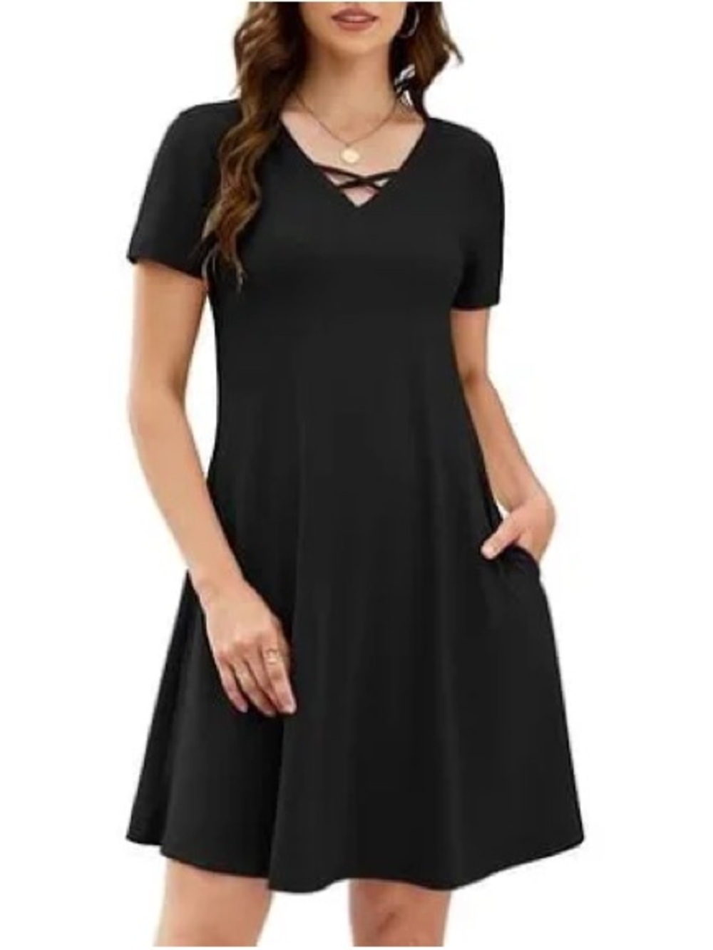 Women's Black Short Sleeve V-Neck Swing Dress with Crisscross Detail